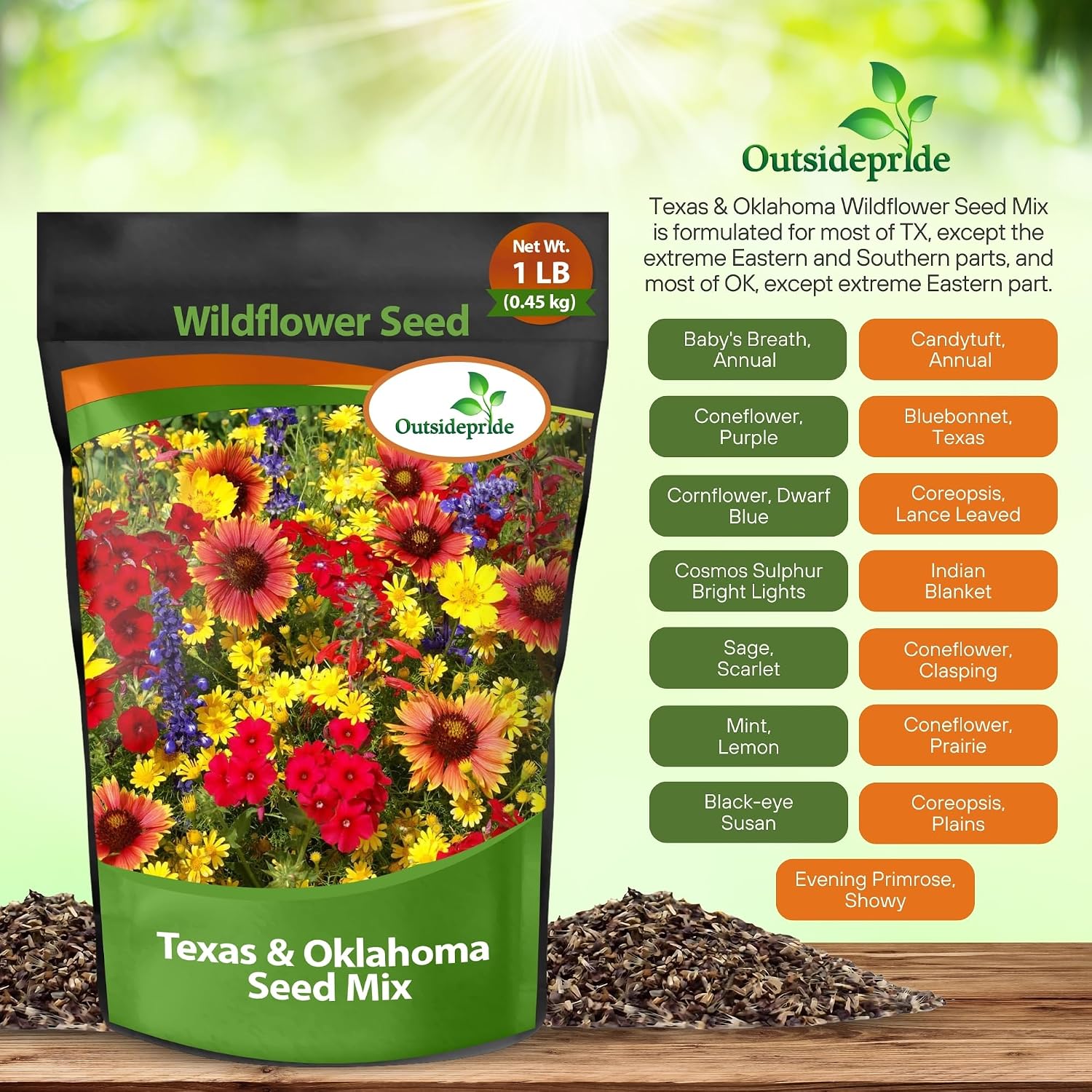 Outsidepride Texas & Oklahoma Wildflower Seed Mix - 1 lb. Drought-Tolerant, Blend of Annual & Perennial Flower Seeds