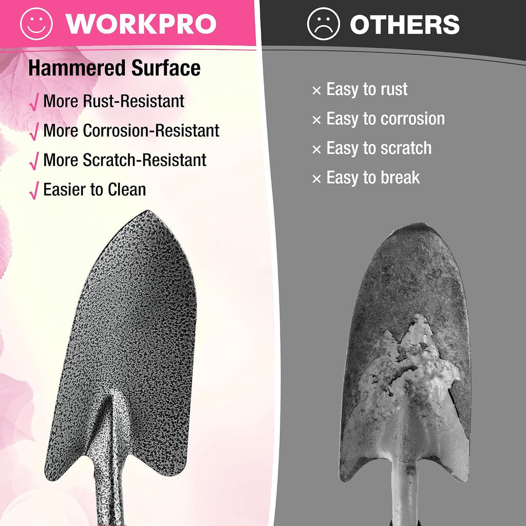 WORKPRO 6-Piece Pink Garden Tool Set | Heavy Duty Gardening Hand Tools with Soft Rubber Handle, Including Trowel