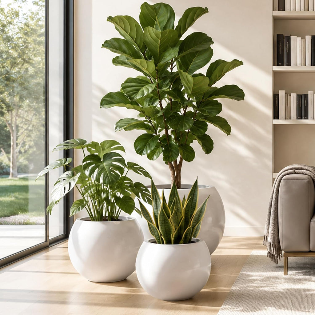 10" H x 14" Dia White Fiberstone Planter Pot with Drainage Hole, Large Round Indoor Outdoor Flower Pot for Plants