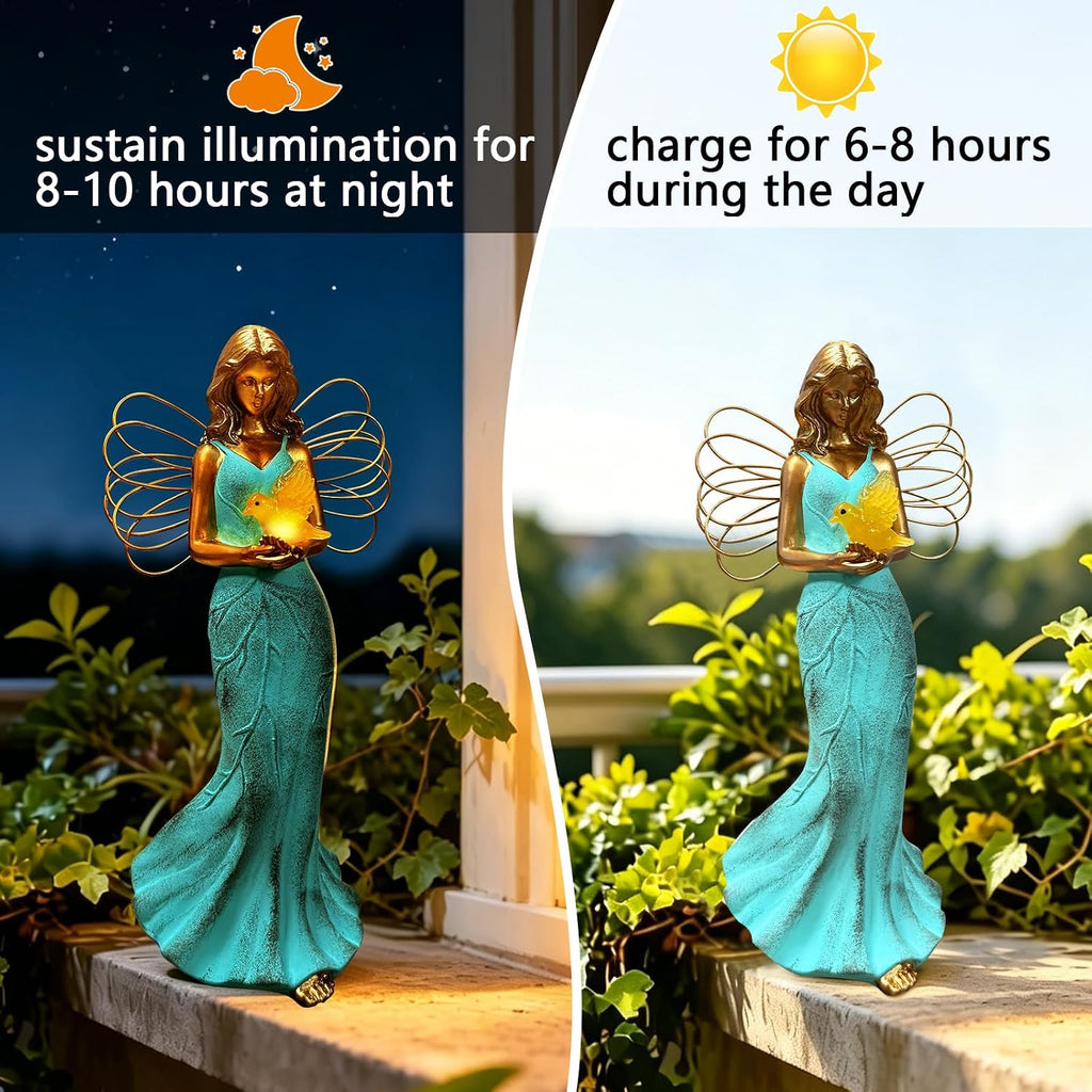 Solar Fairy Garden Statue Decor - Leaf Angel Girls with Hummingbird Figurines Lights Resin Collection Home Decoration