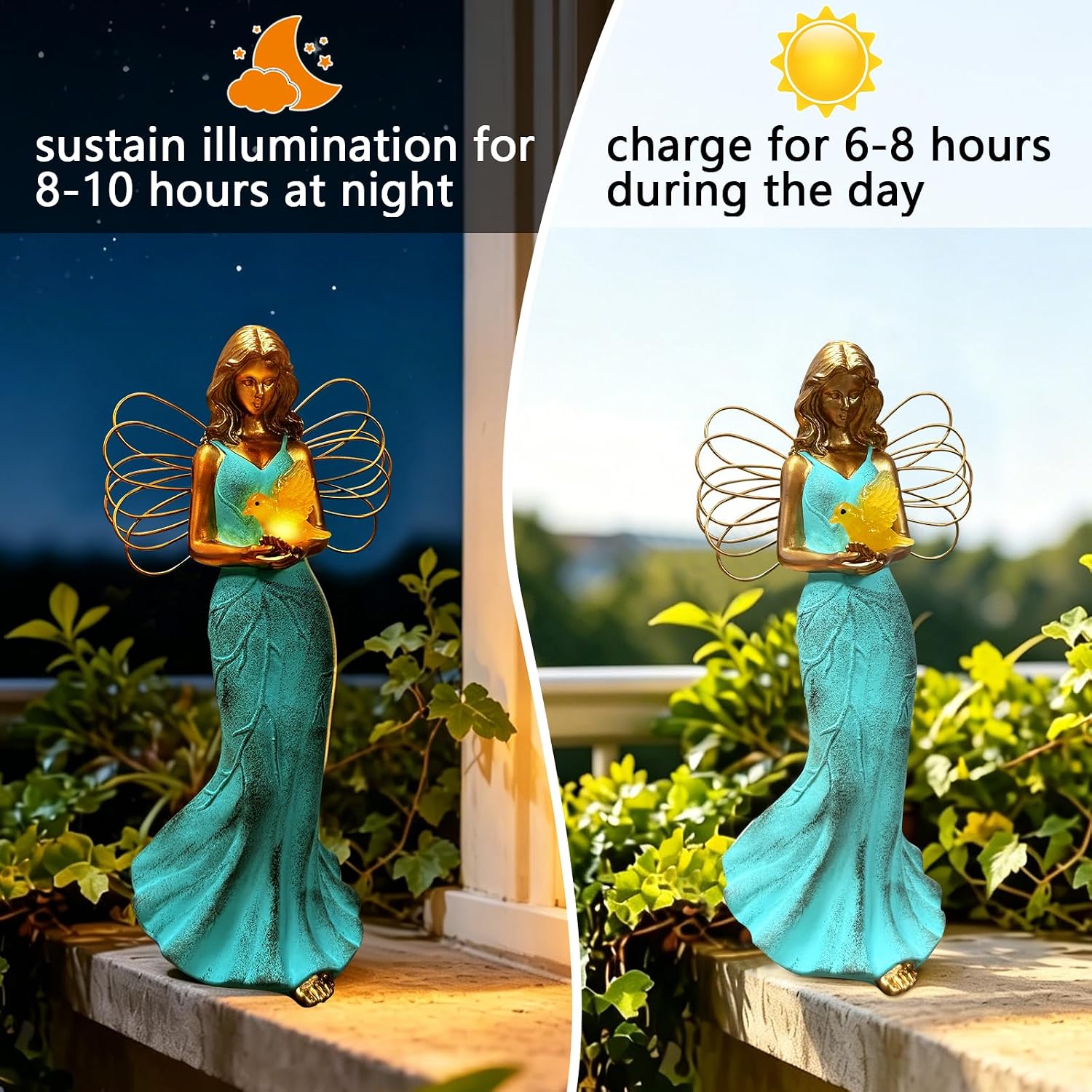 Solar Fairy Garden Statue Decor - Leaf Angel Girls with Hummingbird Figurines Lights Resin Collection Home Decoration
