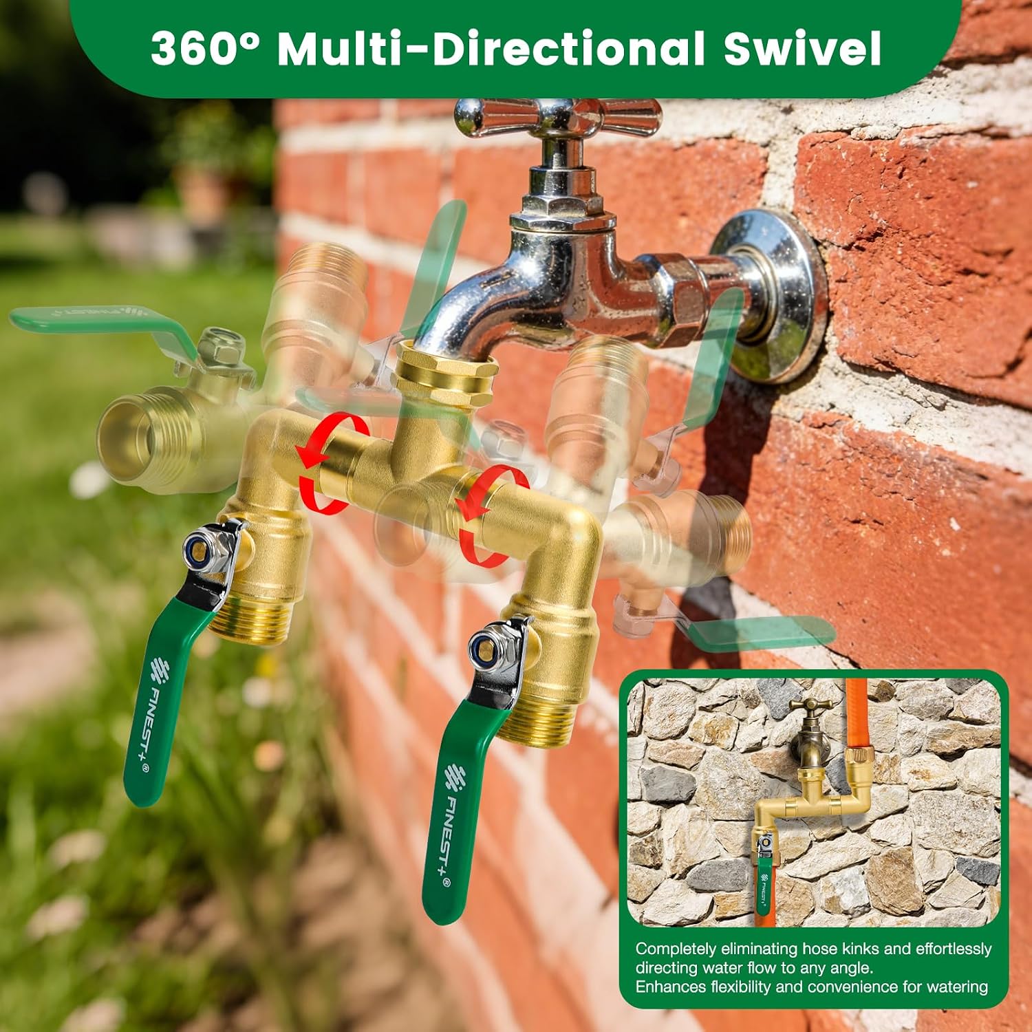 2 Way Brass Garden Hose Splitter Heavy Duty, 360° Rotatable Y Valve, Full Flow Large Ball Valve, 304 Stainless Steel