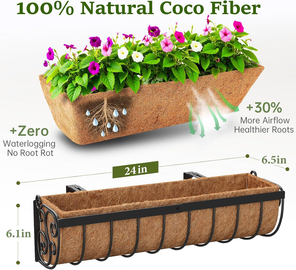 VOXOR Railing Planter Boxes, 24 Inch Window Boxes Planters, Balcony Planters with Adjustable Brackets & Coco Liner for