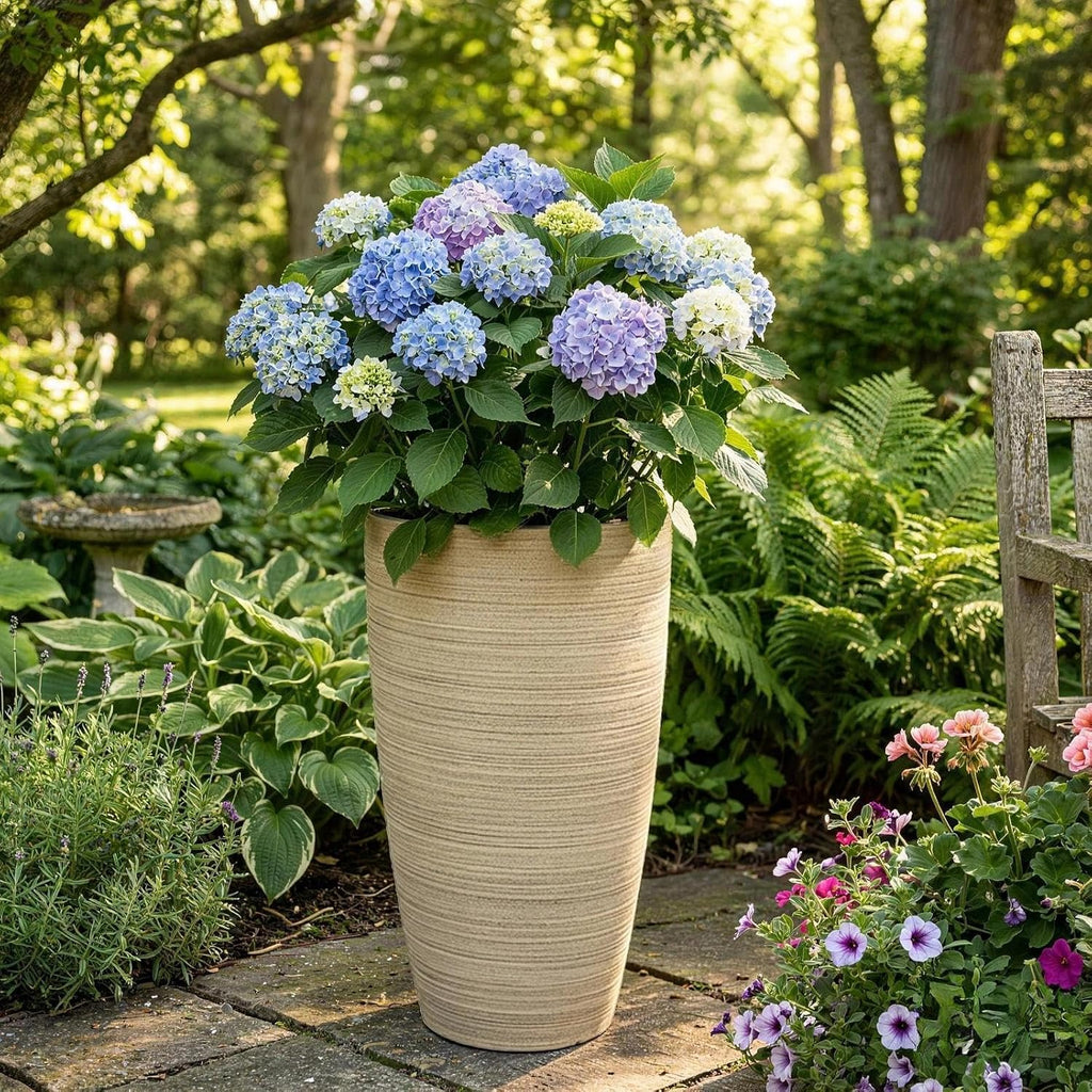 ZMTECH 4 Pack Plastic Planters 21/18/12/10in, Beige Faux Stone Finish Round Flower Pots with Drainage Holes & Saucers