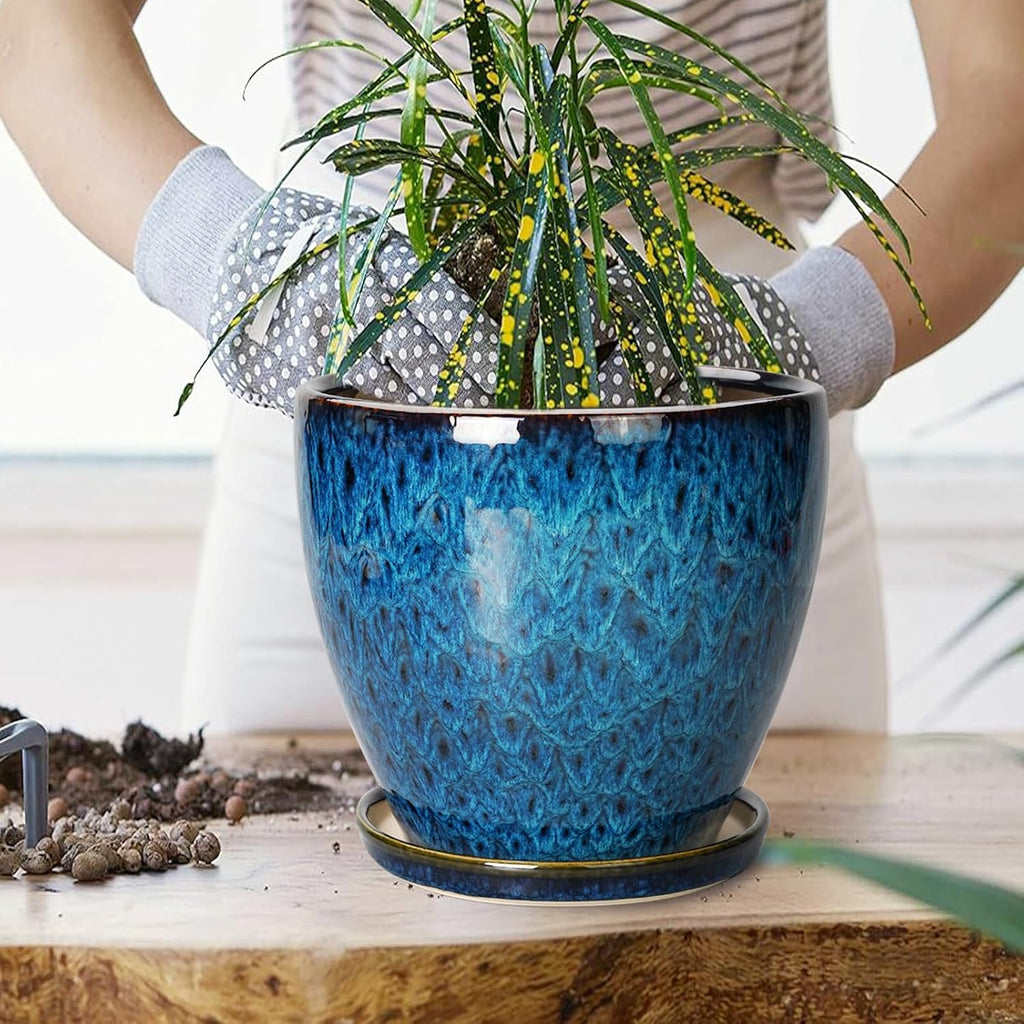 10 Inch Ceramic Planter Pot Round Plant Pot for Indoor Plants Outdoor Large Flower Pot with Drainage Hole and Saucer
