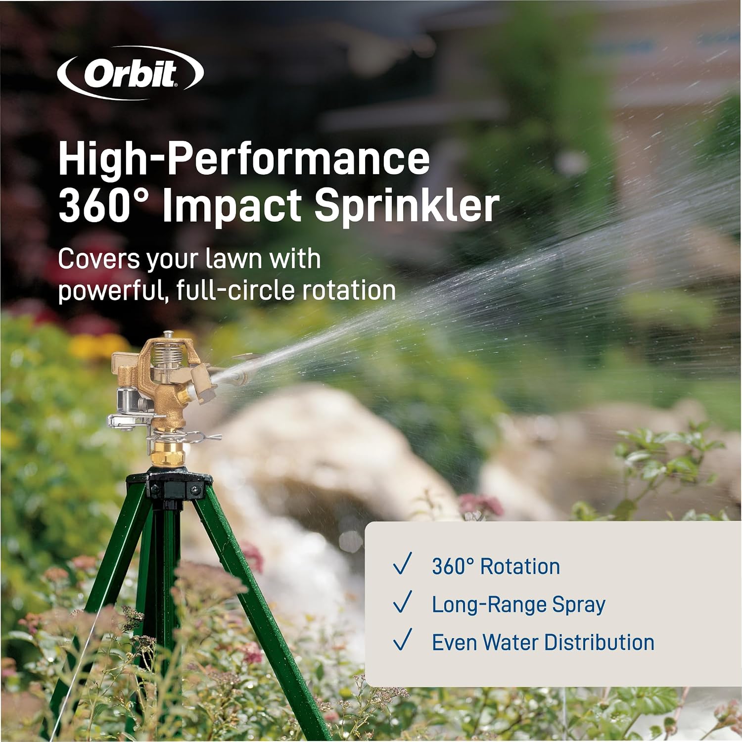 Orbit 1/2 Inch Brass Impact Sprinkler - Adjustable Metal Tripod - Long Range Lawn Watering System - 360 Degree Rotating