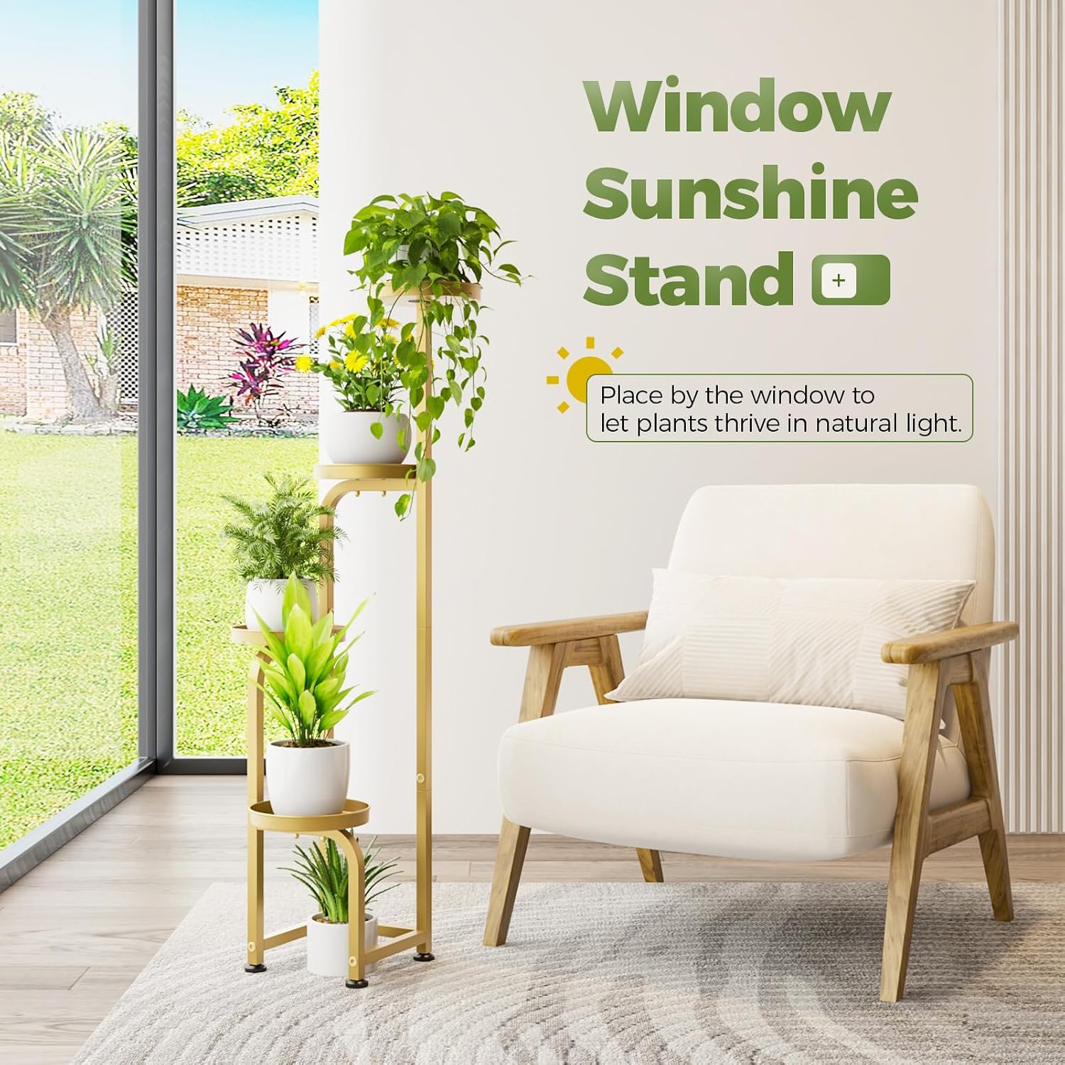 Bamworld Corner Plant Stand Indoor Outdoor Tall Metal Flower Pot Stands | 4 Tier Gold Heavy Duty Plant Shelf for Patio