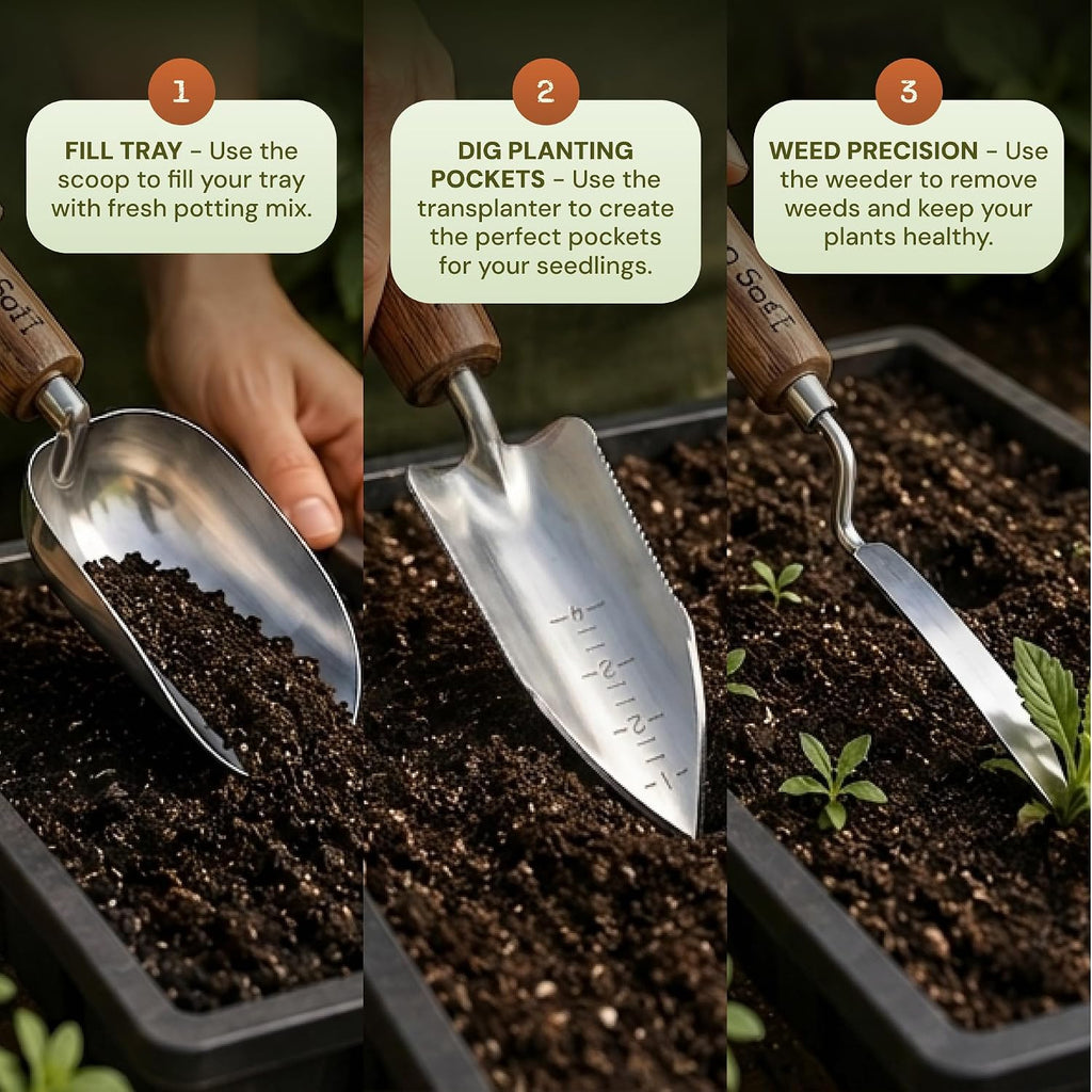 3-Piece Garden Tool Set for Planting, Weeding & Potting | Garden Trowel, Potting Soil Scoop & Precision Weeding Tool