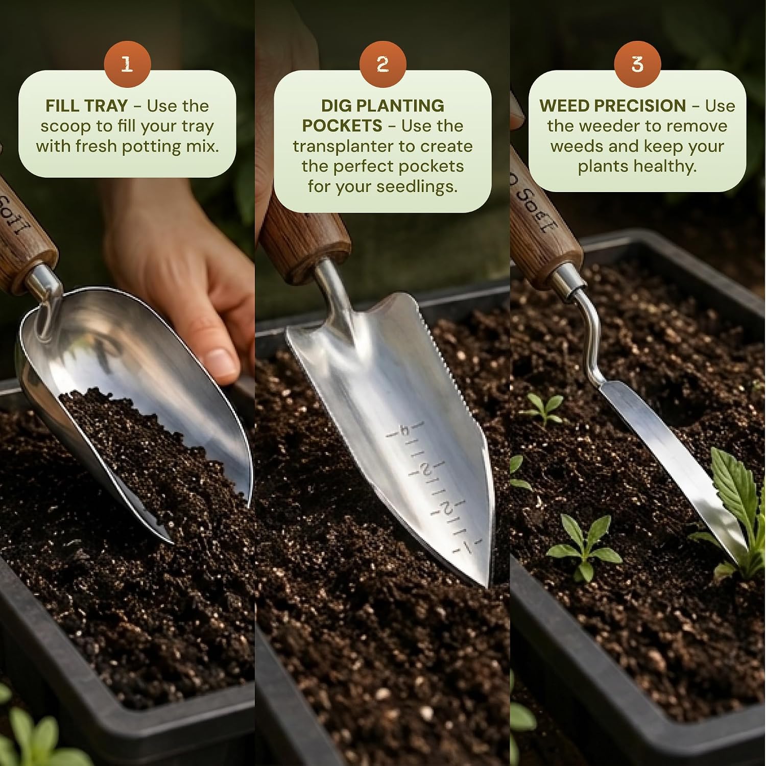 3-Piece Garden Tool Set for Planting, Weeding & Potting | Garden Trowel, Potting Soil Scoop & Precision Weeding Tool