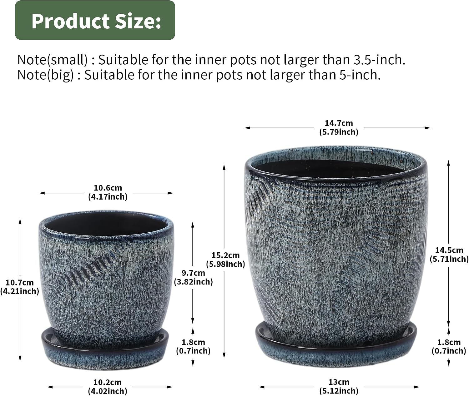 4+6 Inch Ceramic Planter Set of 2 with Drainage Hole and Saucer for Plants, Indoor-Outdoor Large Round Succulent Orchid