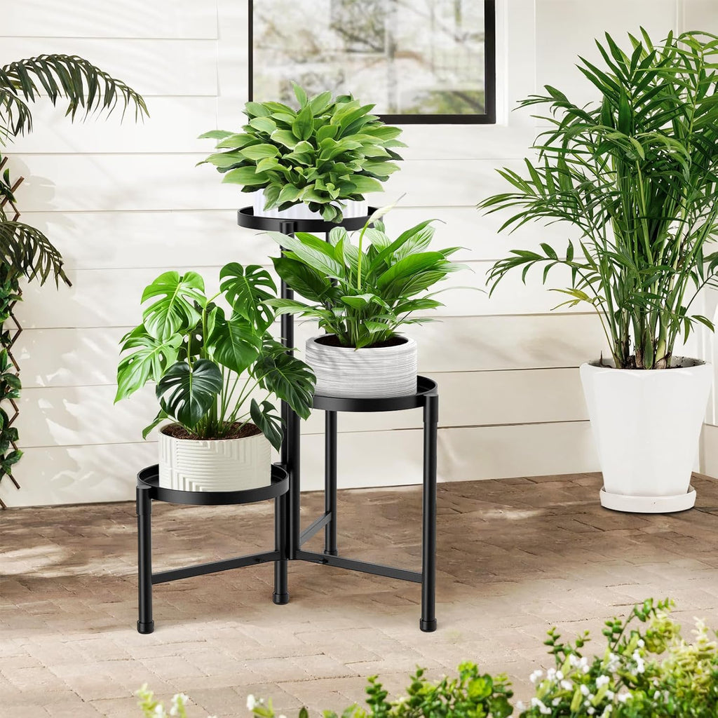 3 Tier Corner Plant Stand Indoor Outdoor, Metal, 10 Inch Wide Tray, Black | 30 In Tall Folding Flower Pot Holder