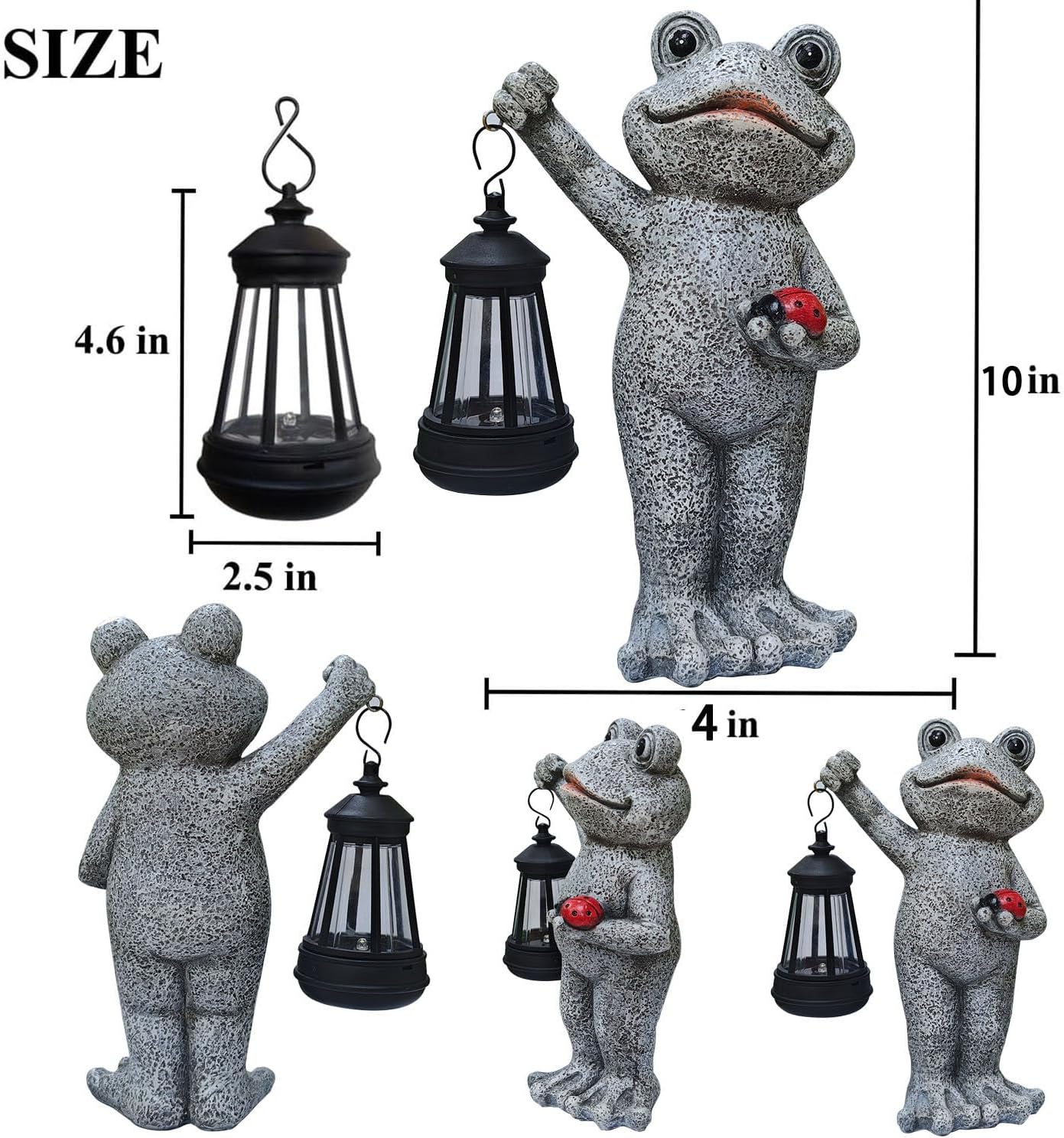 Solar Frog Garden Statue, Resin Figurine with Ladybug & Hanging Solar Lantern Outdoor Decor