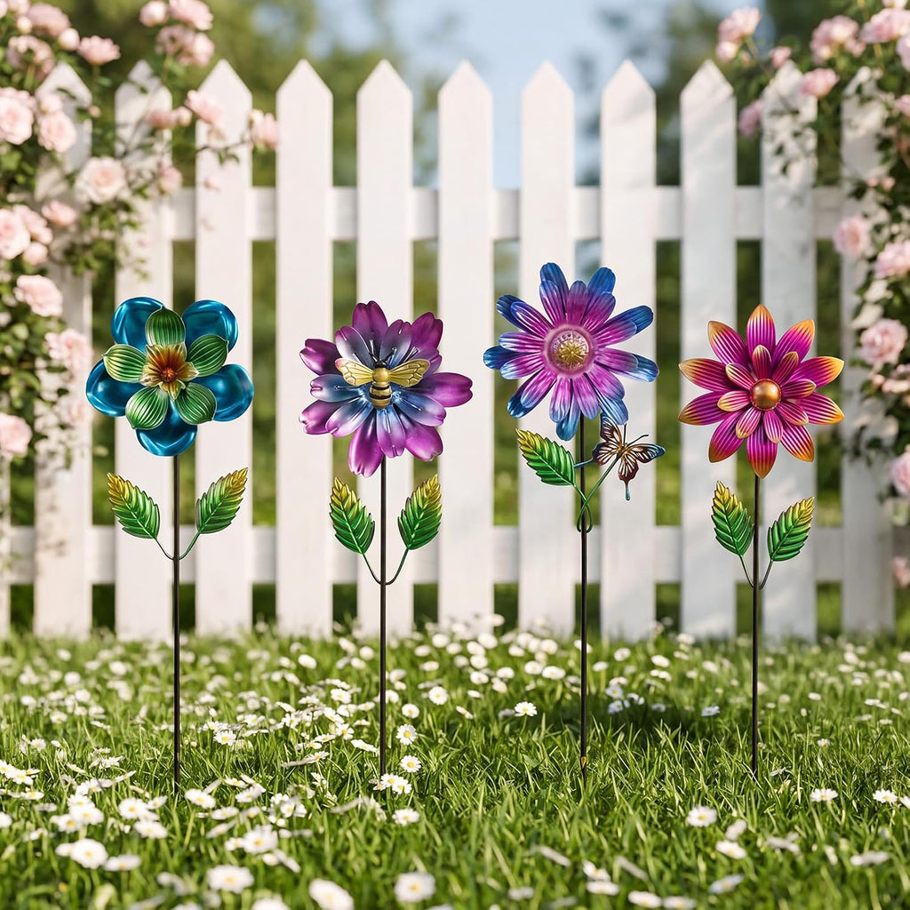 Calenzana Metal Flower Garden Stakes for Outside, 4 Pack Flower Garden Decor with Shaking Head for Yard Porch Lawn