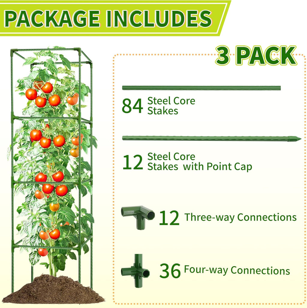 3 Pack Square Tomato Cages for Garden - 56 Inch Heavy Duty Tomato Plant Support Stakes, Sturdy Metal Core with