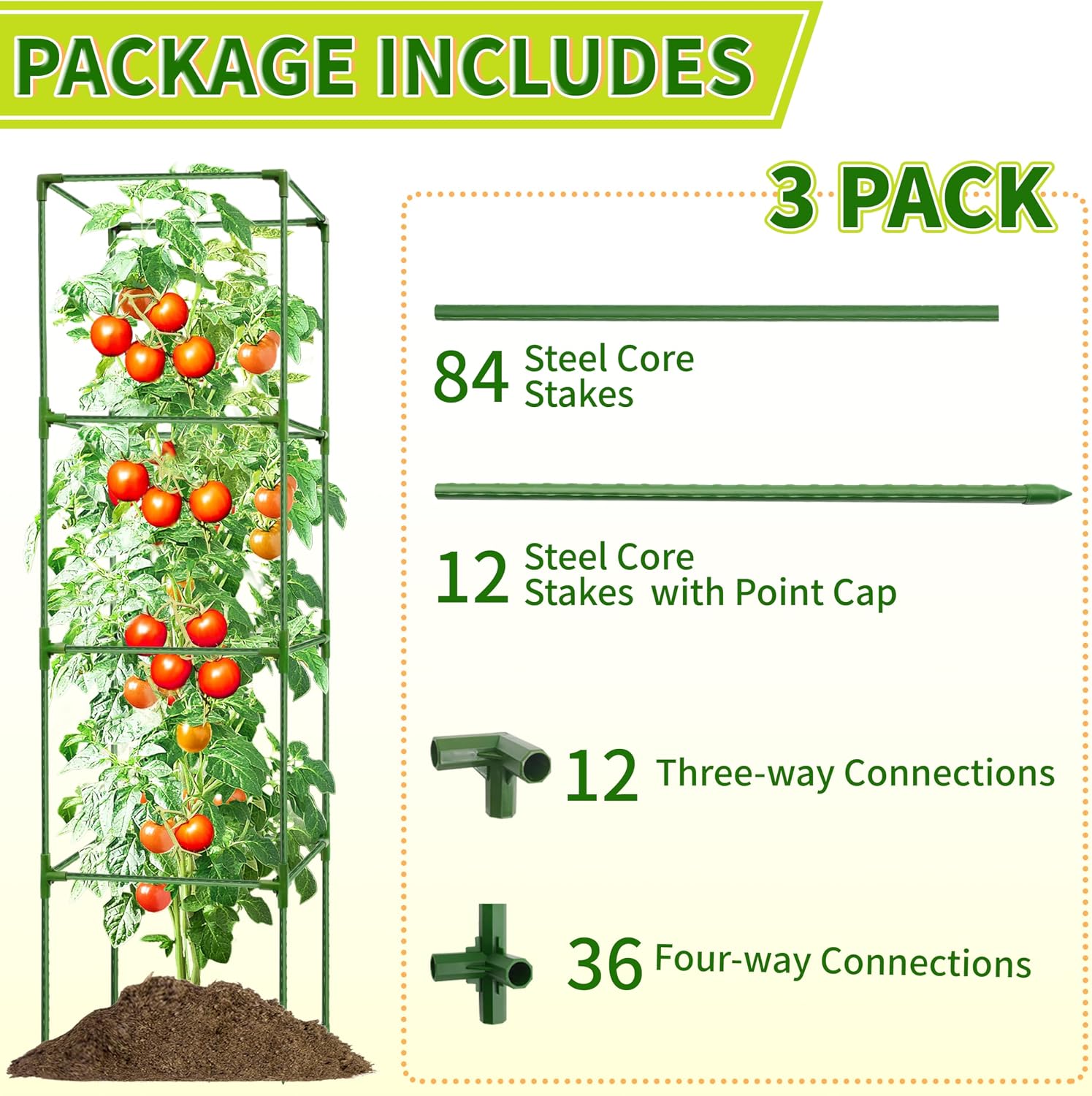 3 Pack Square Tomato Cages for Garden - 56 Inch Heavy Duty Tomato Plant Support Stakes, Sturdy Metal Core with