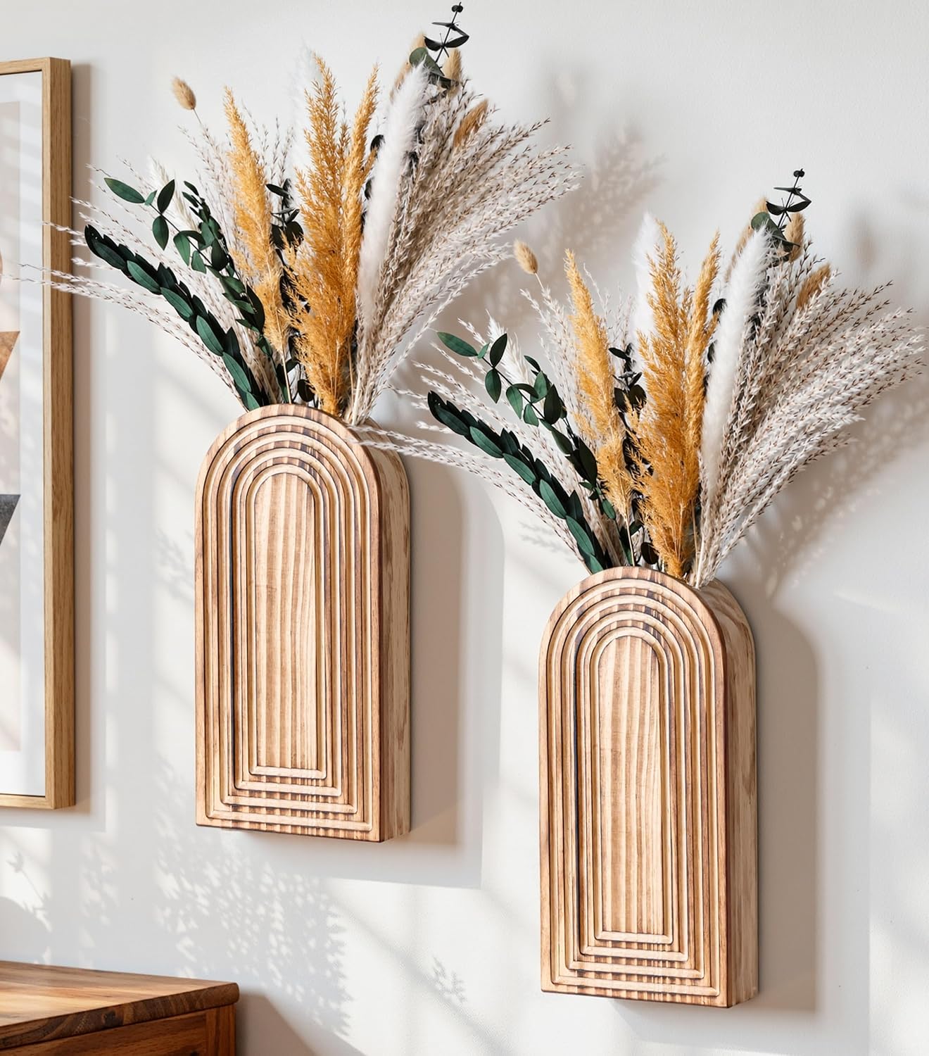 DREAMLOOM 2 Pack Wooden Wall Vases with Dried Pampas Grass and Eucalyptus Plants, Wall Hanging Planters Boho Modern