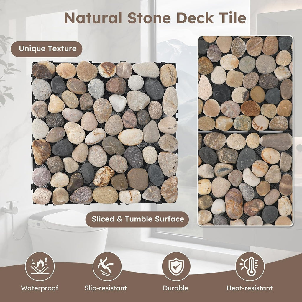 Natural Stepping Stones Deck Tiles for Outdoor River Rock 4 Sheets | Interlocking Square Pavers Landscaping, Sliced