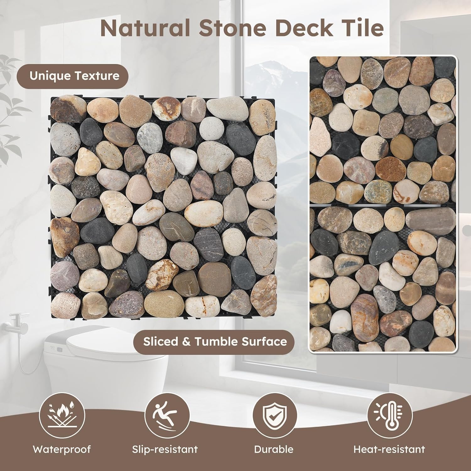 Natural Stepping Stones Deck Tiles for Outdoor River Rock 4 Sheets | Interlocking Square Pavers Landscaping, Sliced