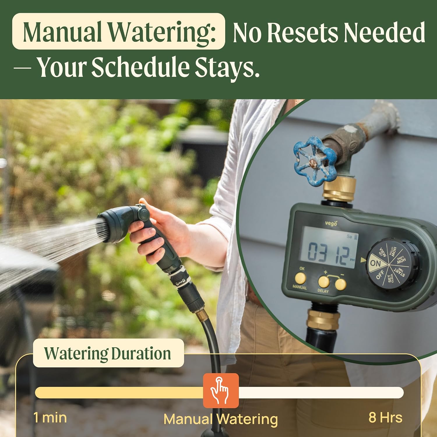 Vego Sprinkler Timer with Brass Inlet- Watering Timer for Garden Hose with Rain Delay/Manual Watering/Automatic