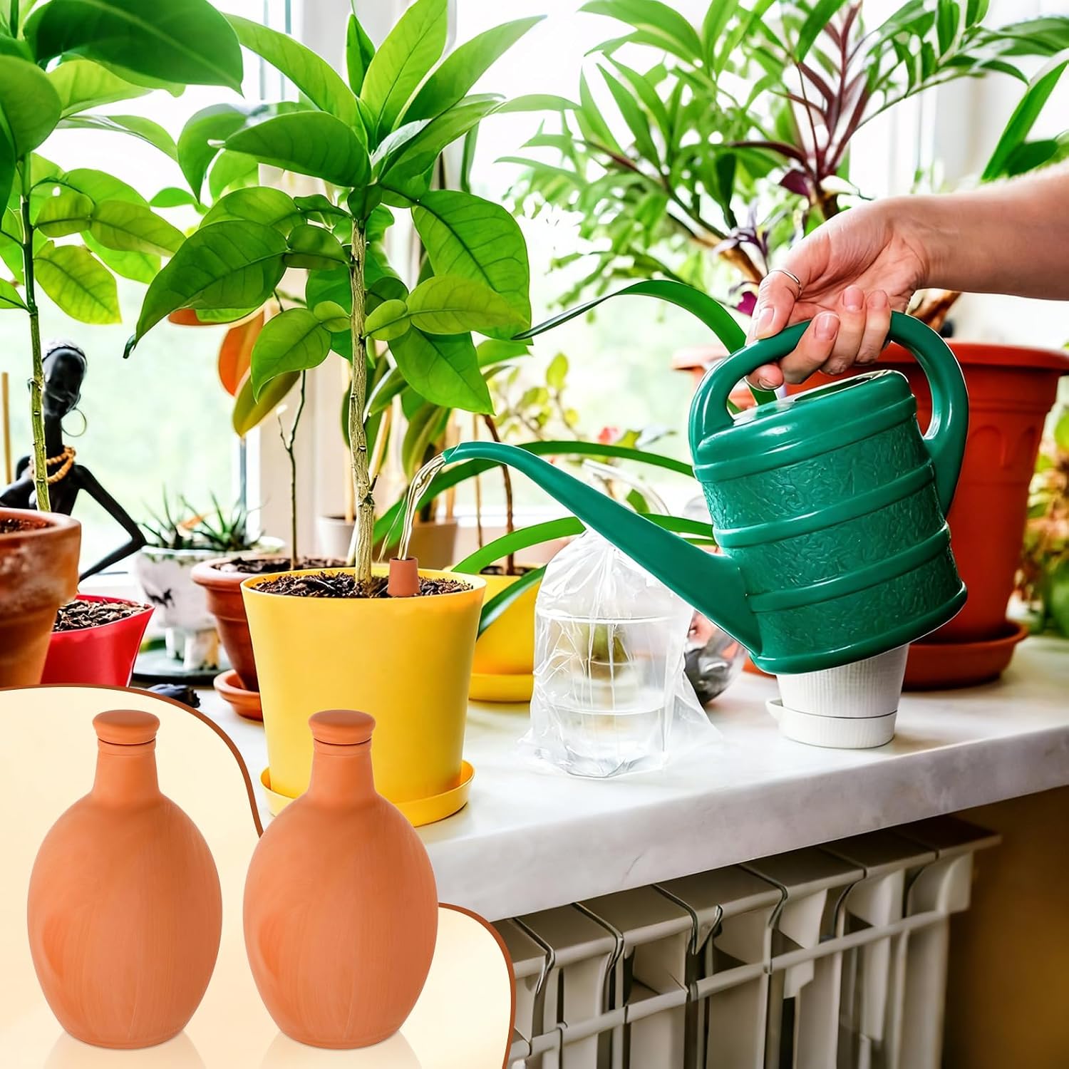 2 Pcs Large Terracotta Watering Pots 50 oz Ollas Self-Watering Pots Terracotta Watering Globes with Lid Plant