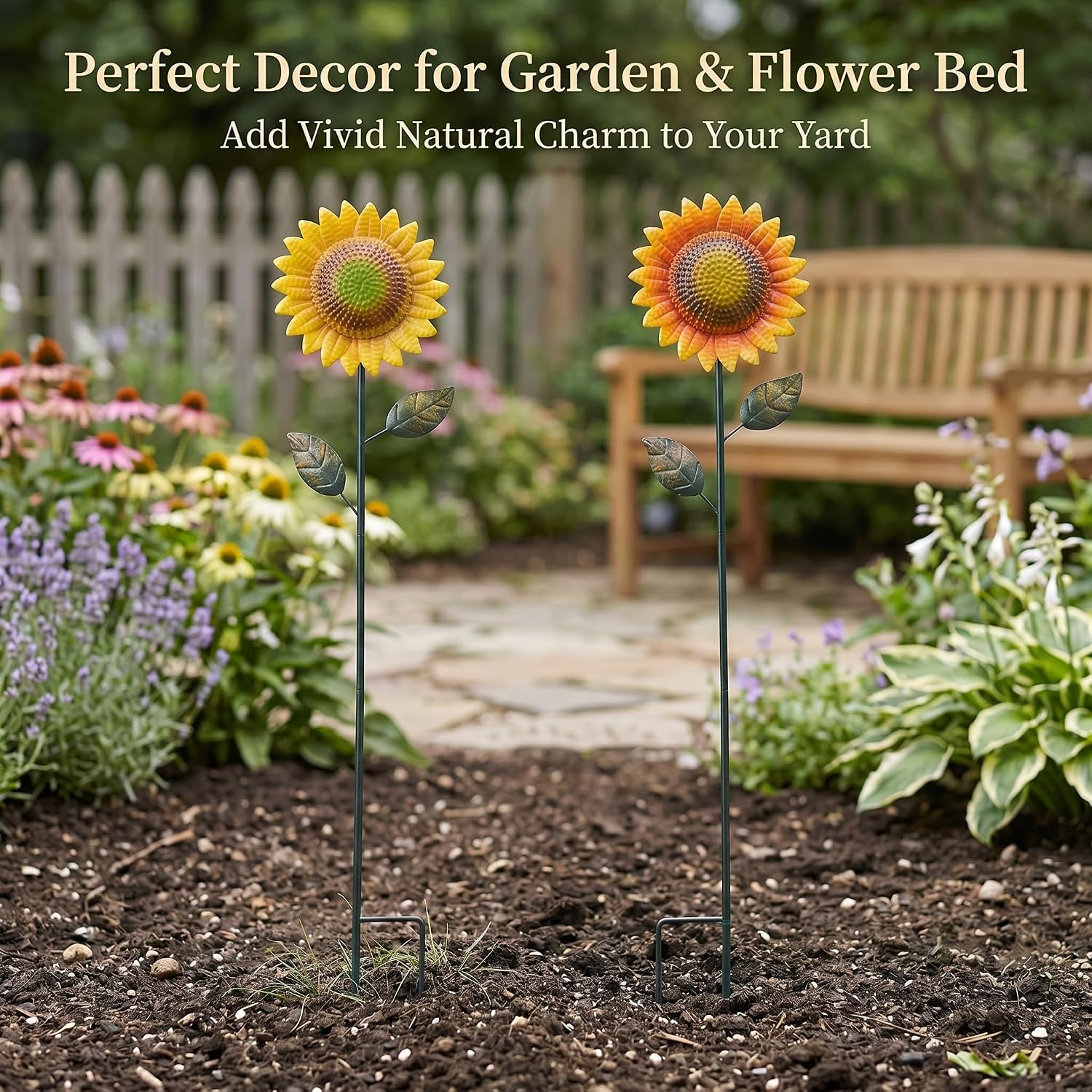 Topadorn 2 Pack 39" Metal Sunflower Garden Stakes for Garden Decor | Metal Sunflower Garden Stakes, Outdoor Yard Art