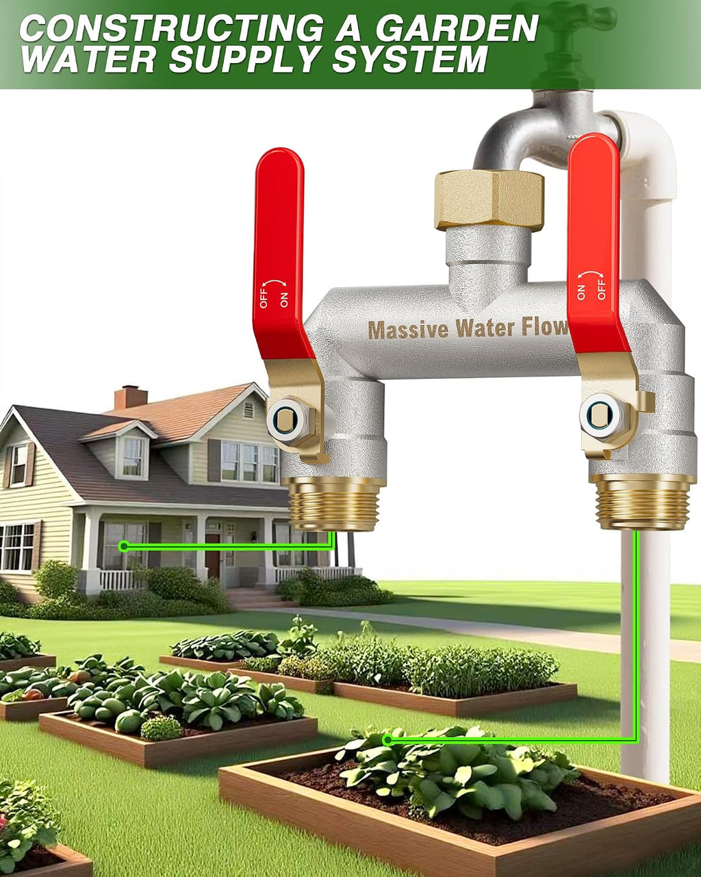 Hose Splitter 2 Way Heavy Duty, Brass Garden Hose Splitter | 304 Stainless Steel Long Handle, Full Flow Nickel Plated