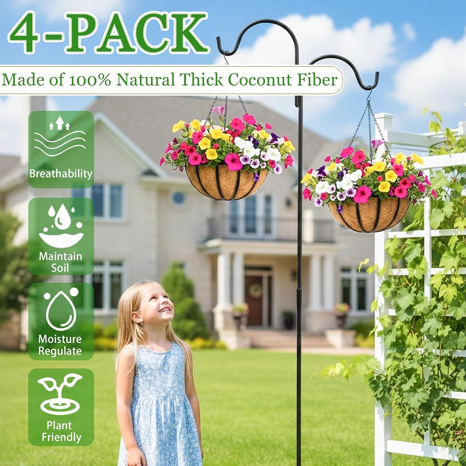 Hanging Planters for Outdoor Plants 4 Pack 14 inch Metal Hanging Flower Basket with Coco Coir Liner Wire Plant Holder