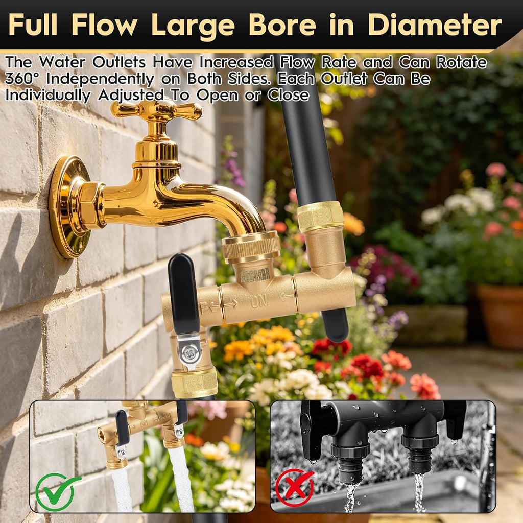 Garden Hose Splitter 2 Way, 360° Rotatable Brass Water Hose Y Splitter. | Outdoor Heavy Duty Spigot, 2 Way Faucet