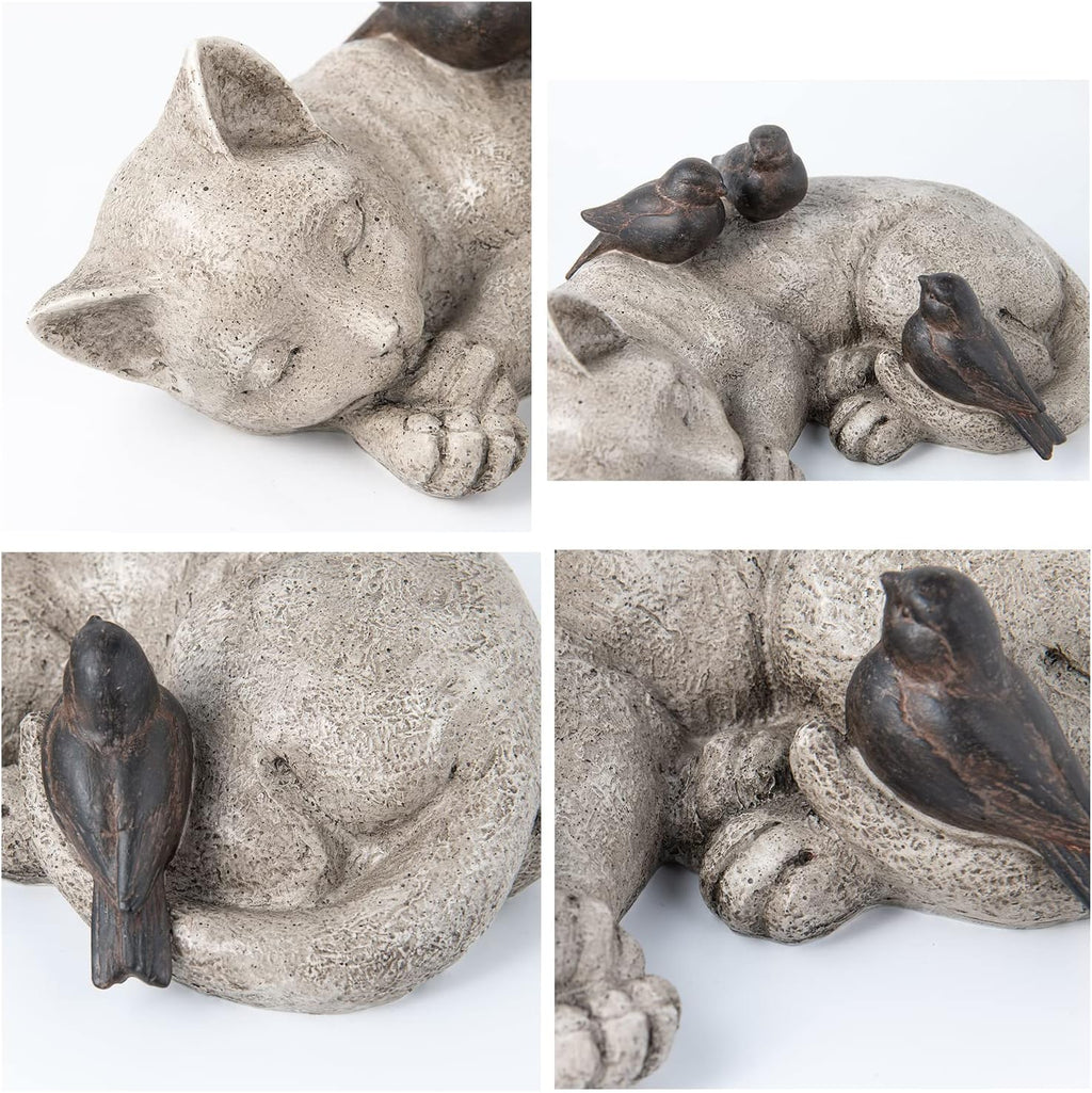Sleeping Cat Garden Statues Outdoor - 12" Sparrows On Cat Figurine Memorial Statue Grave Markers Garden Resin Statues