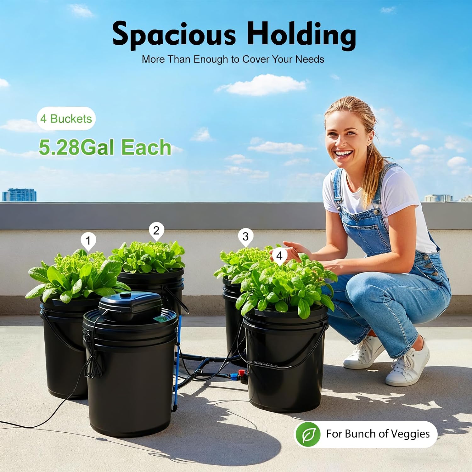 DWC Hydroponics Grow System 5.28 Gallon Deep Water Culture Kit with 12W 110V Air Pump, Five 12inch Buckets & Air Stones