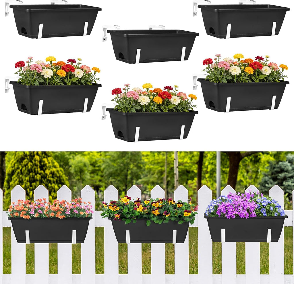 Railing Planter Boxes 6 Pack Window Boxes Planters with Adjustable Brackets | Outdoor Hanging Flower Pots for Railling