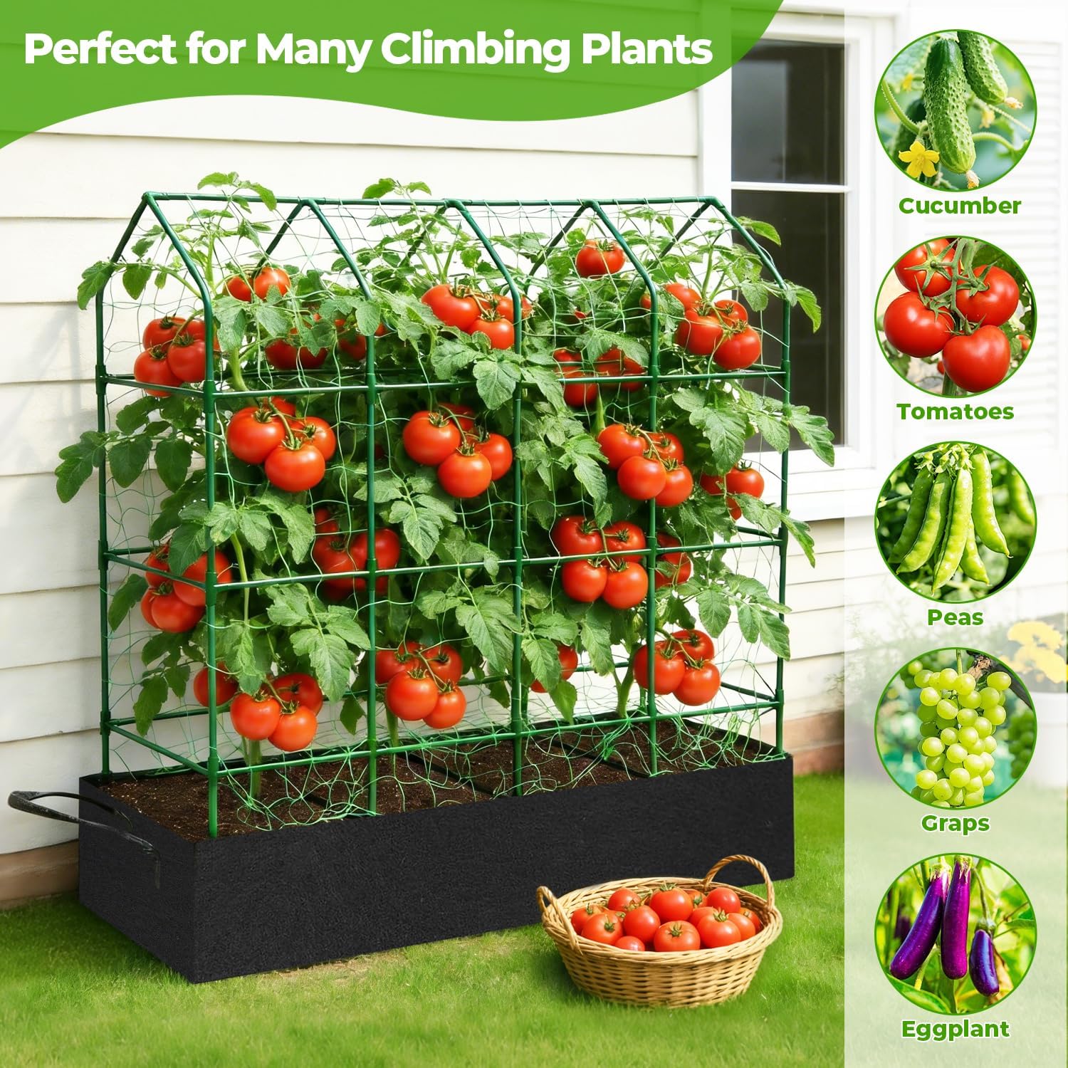 Large Cucumber Trellis for Climbing Plants Outdoor with Grow Bag,67" Tall Metal U-Frame Plant Trellis for Cucumber with