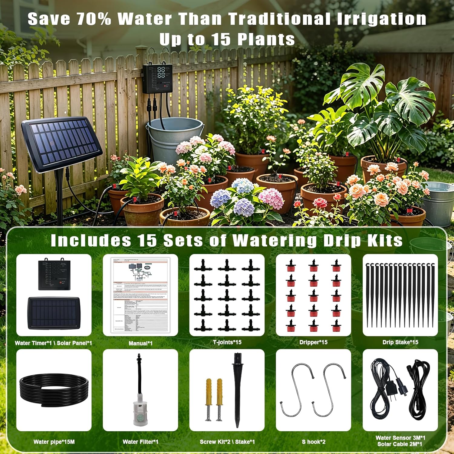 Irrigation System for Garden with Solar Panel, Automatic Drip Irrigation Kits 49FT Hose, Smart Timer Solar Irrigation