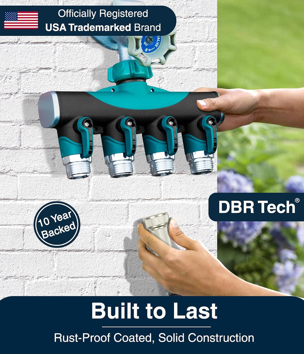 DBR Tech® 4 Way Hose Splitter (Superior Durability), Premium Garden Hoses Connector, 4 Way Heavy Duty Water Valve for