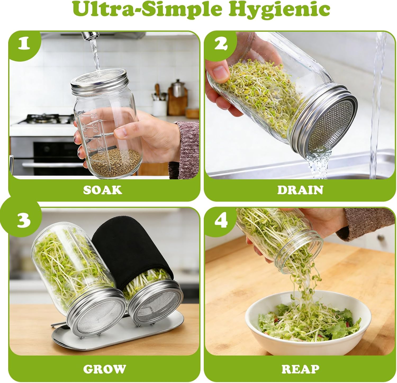 Palksky Sprouting Kit with Stainless Steel Screen Sprouting Lids & Glass Mason Jars & Light-Blocking Sleeves, 2Pack