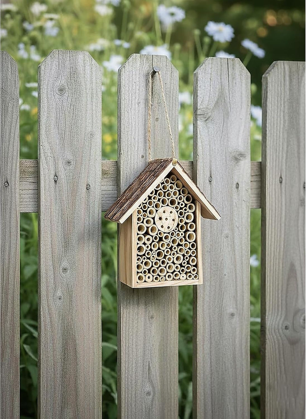 Redwood Mason Bee House - Solitary Bee Hotel & Wooden Pollinator House | Leafcutter Bee Hive with Easy-Hang Jute Rope