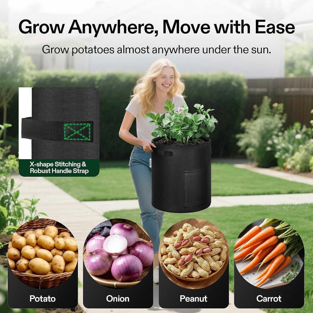 VIVOSUN 5-Pack 10 Gallon Potato Grow Bags for Growing Potatoes, Fabric Potato Pots with Handle and Roll-up Window