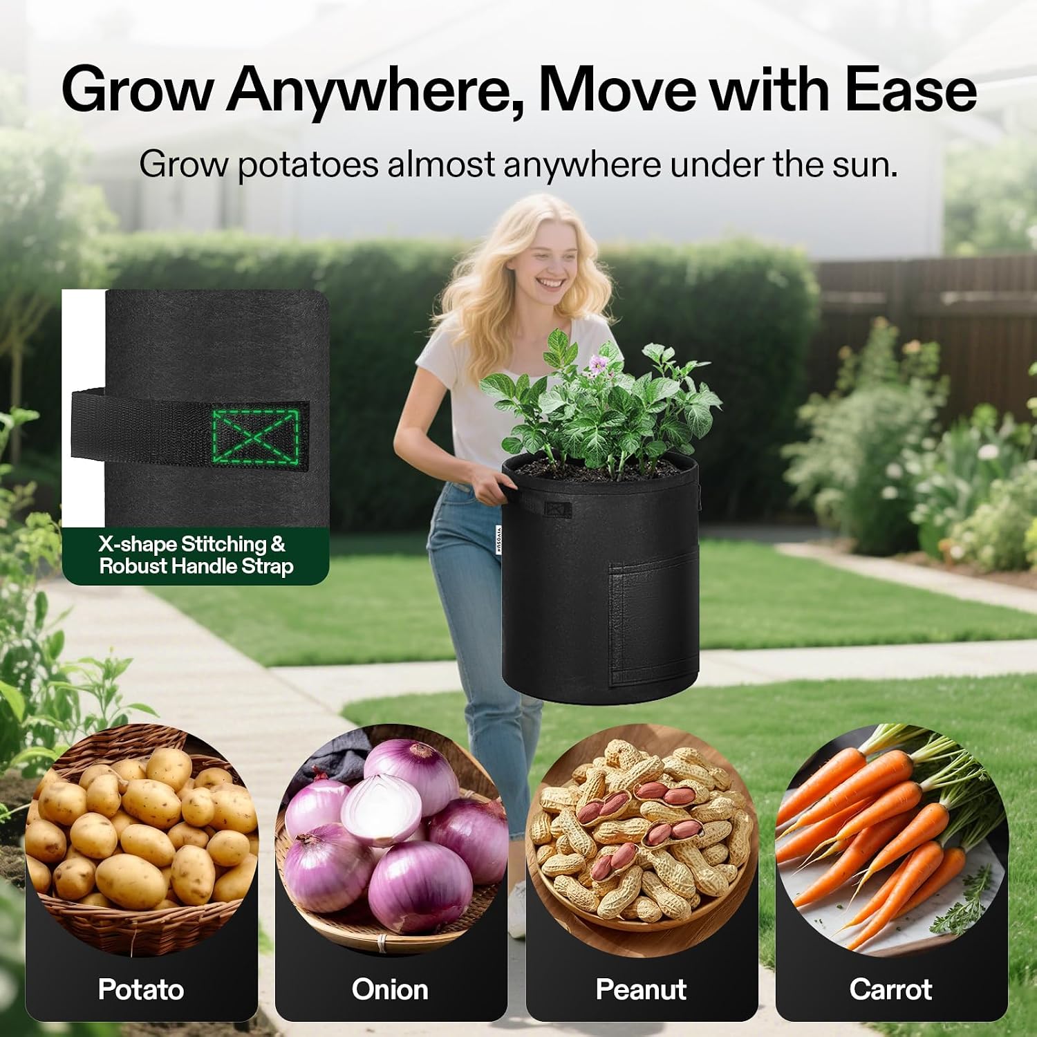 VIVOSUN 5-Pack 10 Gallon Potato Grow Bags for Growing Potatoes, Fabric Potato Pots with Handle and Roll-up Window