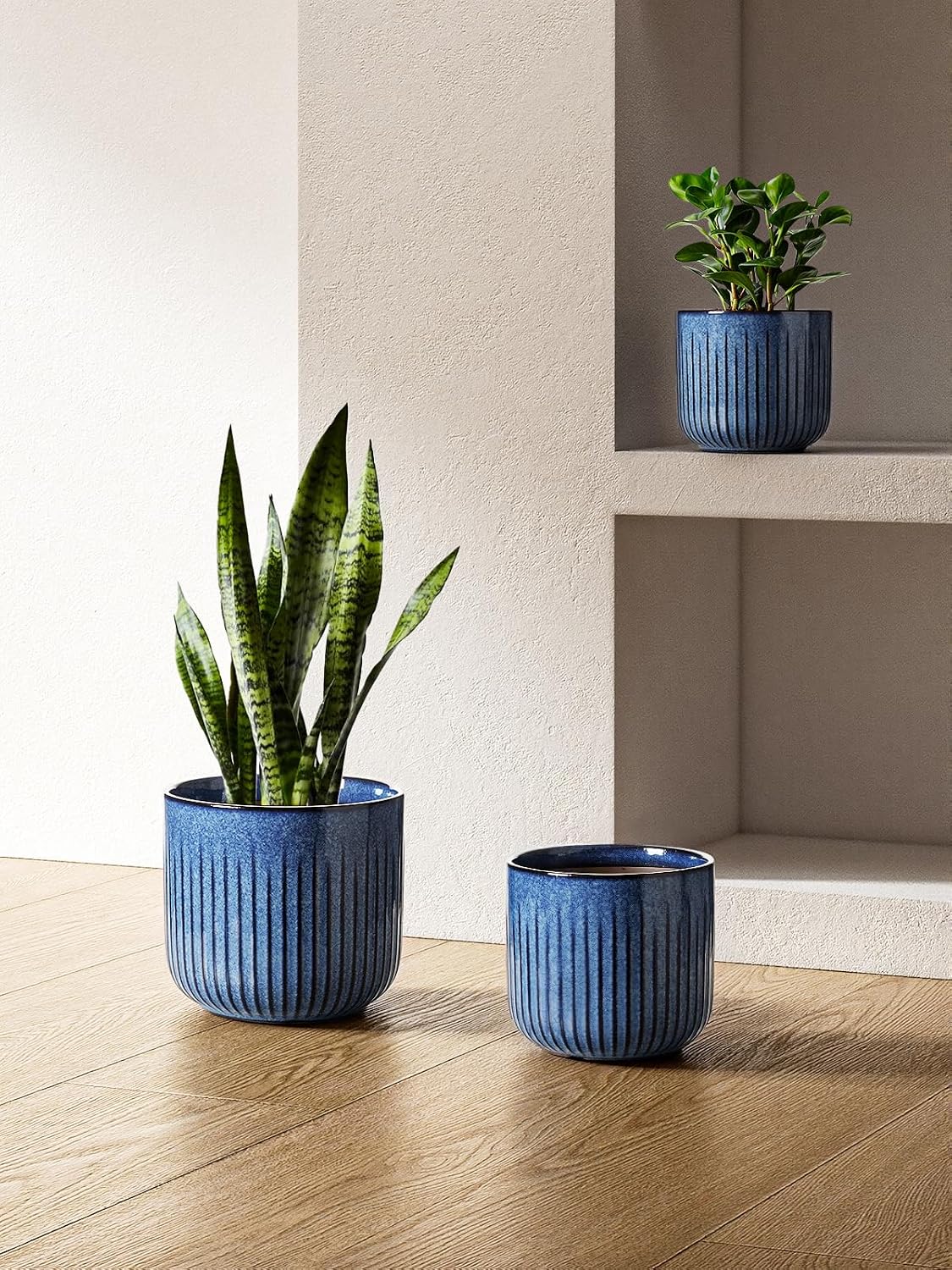 LE TAUCI Ceramic Plant Pots, 8.3/7/6 Inch Indoor Planters with Drainage Holes & Mesh, Modern Glossy Glaze Cylinder