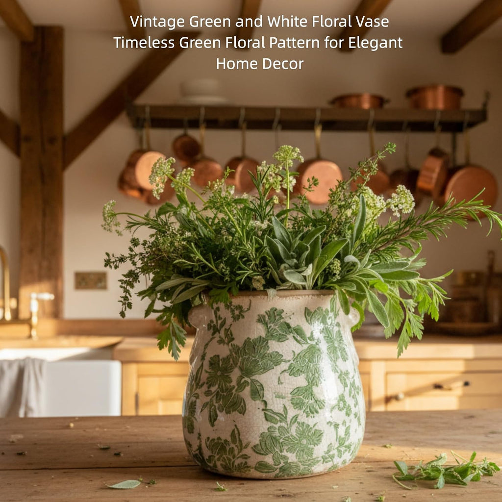 Vintage Green and White Ceramic Floral Vase Planter, Rustic Crackle Glaze Pottery Jar, Hand-Painted Floral Pot Design