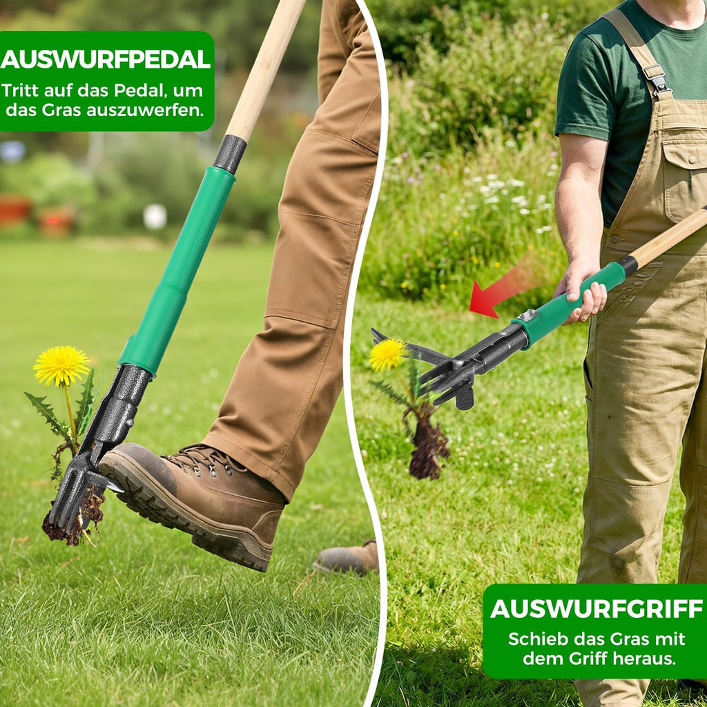 Weed Puller Tool with 2 Weed Eject Feature, 43.7in Stand Up Dandelion Remover Tool, Real Bamboo Handle and Metal 4 Claw