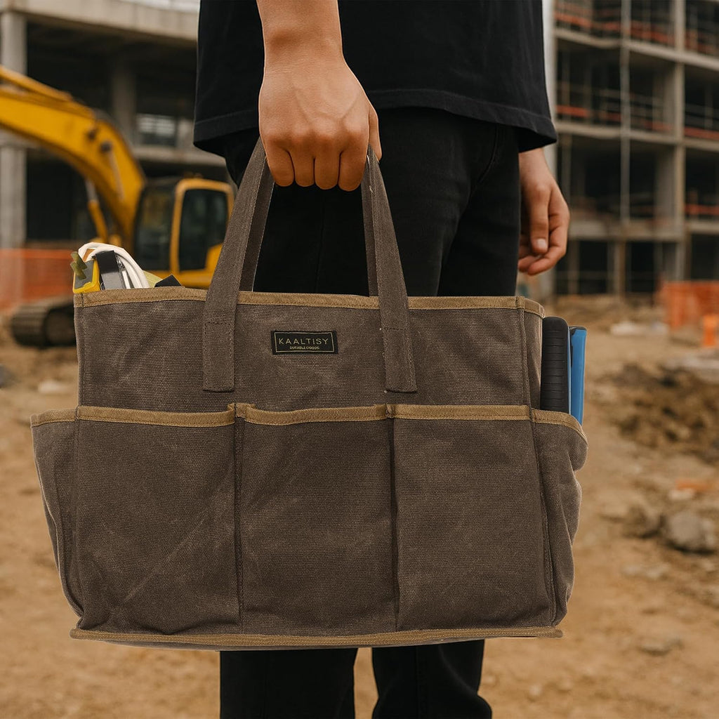 16OZ Waxed Canvas Tool Tote Bag for Garden Tools Wrench Set & Screwdrivers | 11-Pocket Garden Tool Bag with Portable