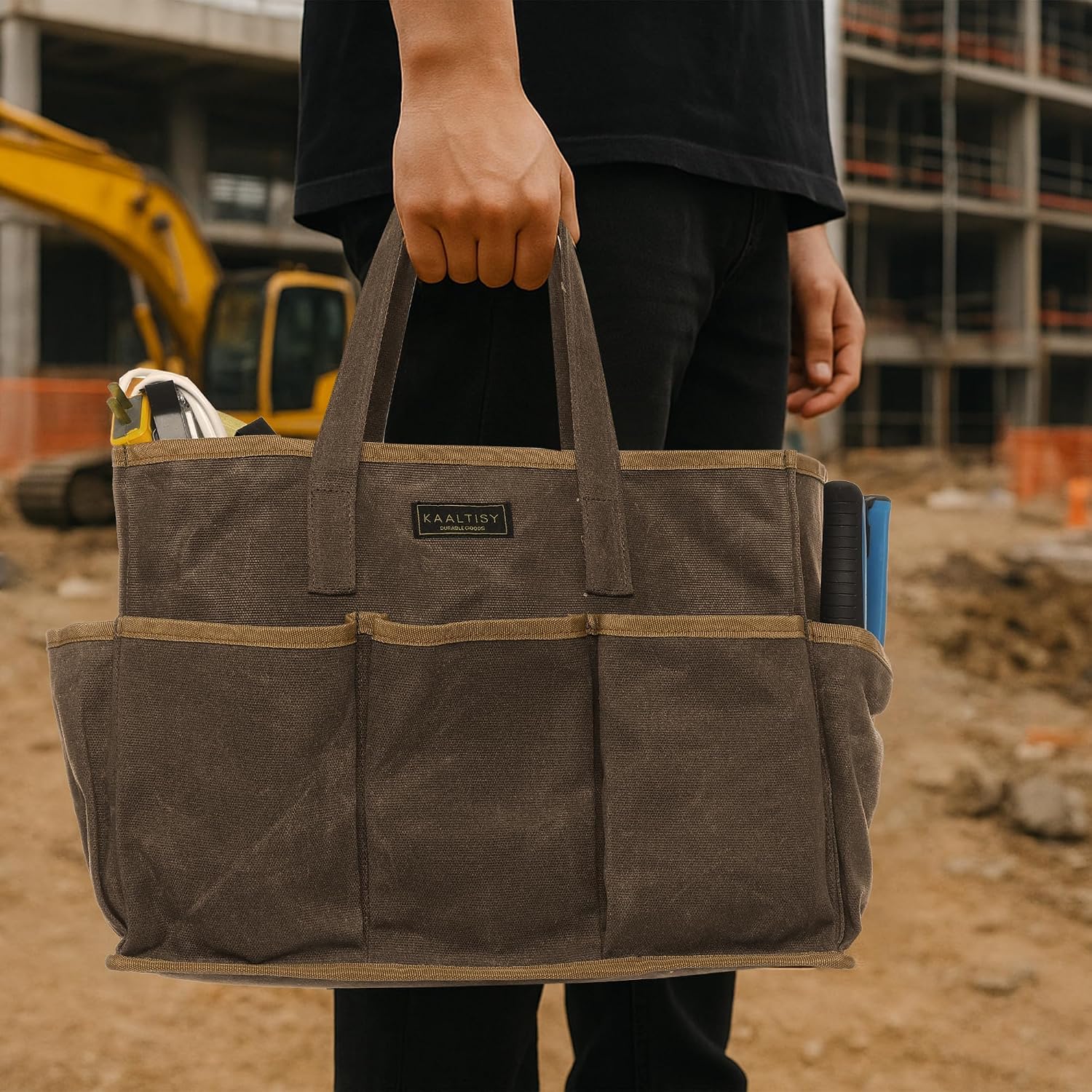 16OZ Waxed Canvas Tool Tote Bag for Garden Tools Wrench Set & Screwdrivers | 11-Pocket Garden Tool Bag with Portable