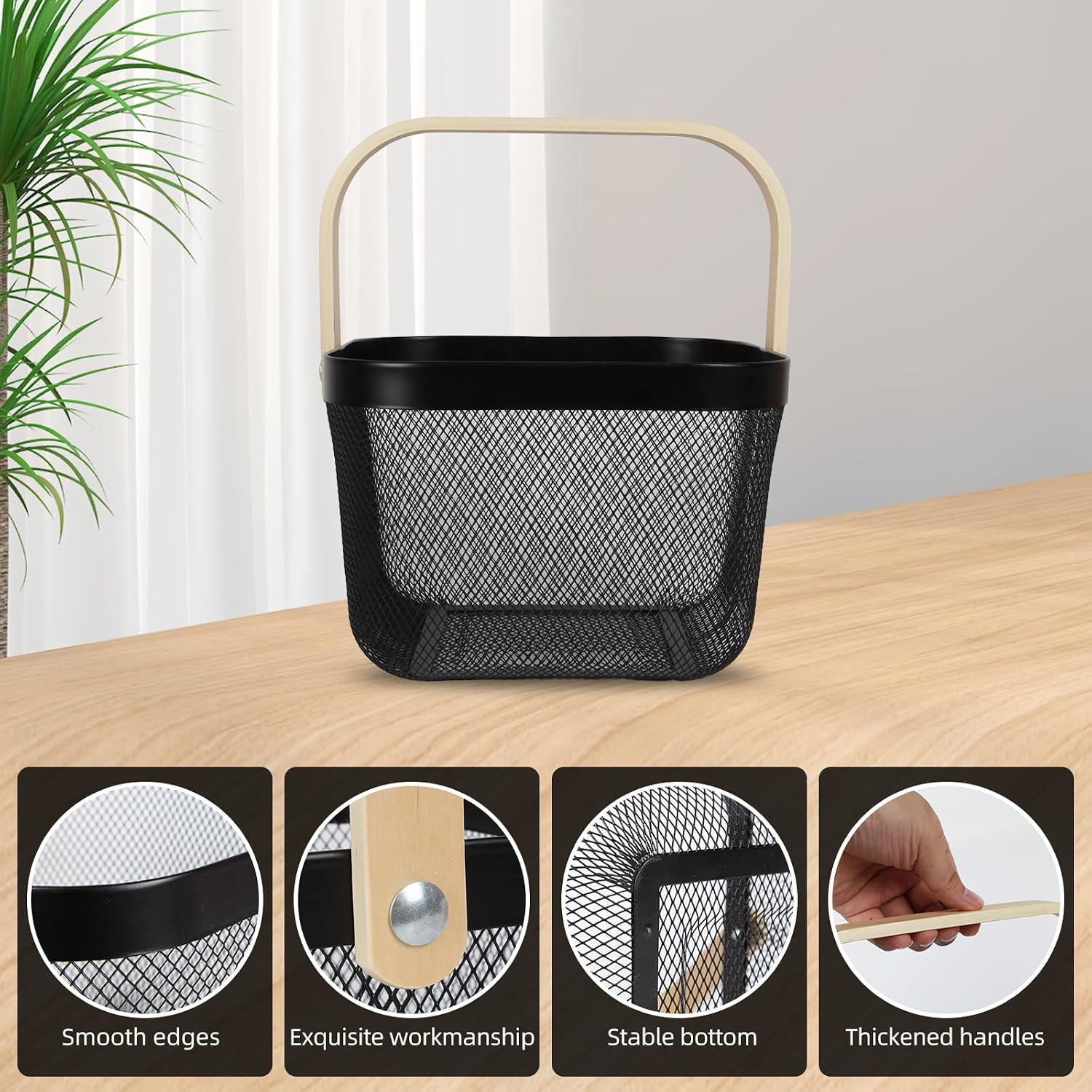 Mesh Steel Harvest Basket with Wood Handle,Hanging Kitchen Baskets Outdoor Basket,Harvest Basket for Garden