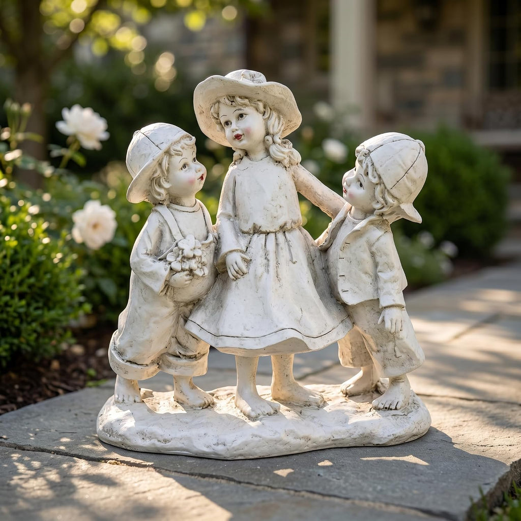 Garden Statues Three Children Figurine Vintage Family Sculpture White Distressed Resin Outdoor and Indoor Garden