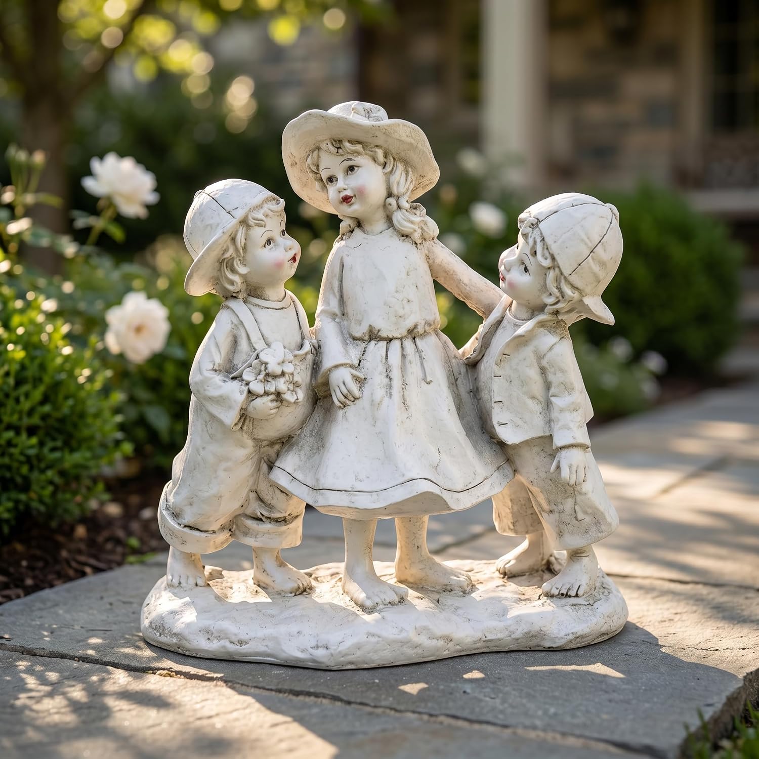 Garden Statues Three Children Figurine Vintage Family Sculpture White Distressed Resin Outdoor and Indoor Garden
