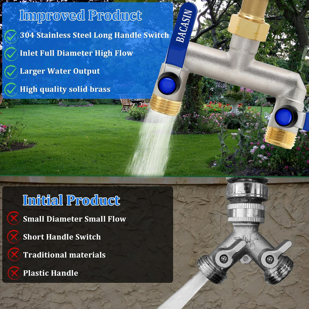 Brass Garden Hose Splitter 2-Way Heavy Duty - 3/4" GHT Threads with 2×304 Stainless Steel Handles, High Flow Design for