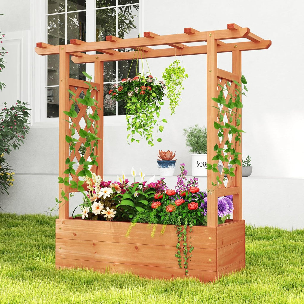 HAPPYGRILL Raised Garden Bed with Trellis & Hanging Roof, Drainage Holes | Wooden Elevated Planter Box w/Removable