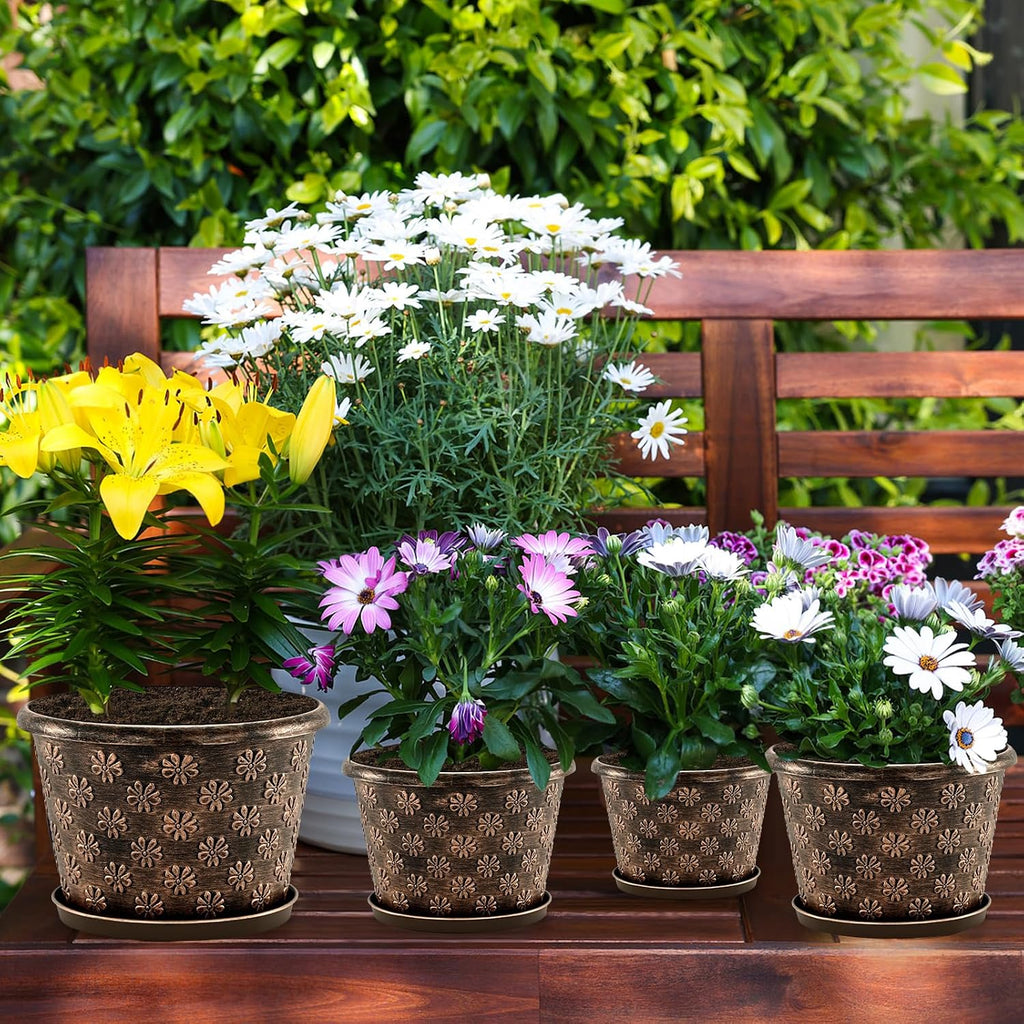 10 Inch Planter Pots for Plants, 4 Pack Plastic Large Flower Pots Indoor Outdoor, Resin Plant Pot with Drainage &