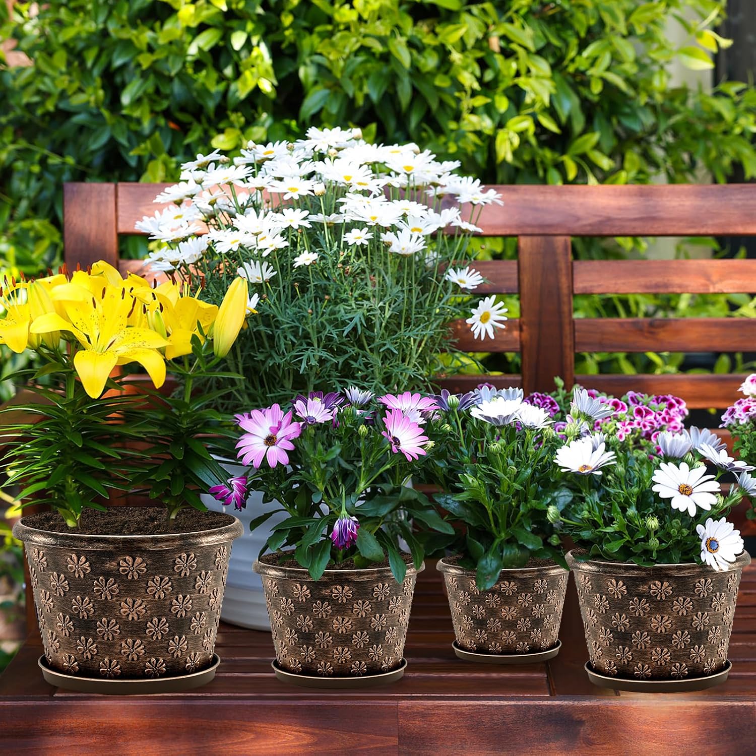 10 Inch Planter Pots for Plants, 4 Pack Plastic Large Flower Pots Indoor Outdoor, Resin Plant Pot with Drainage &